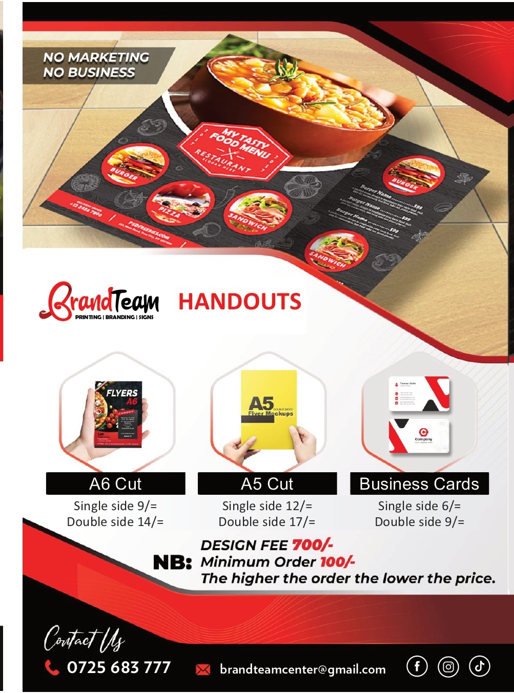 A range of printed items including T-shirts and business cards